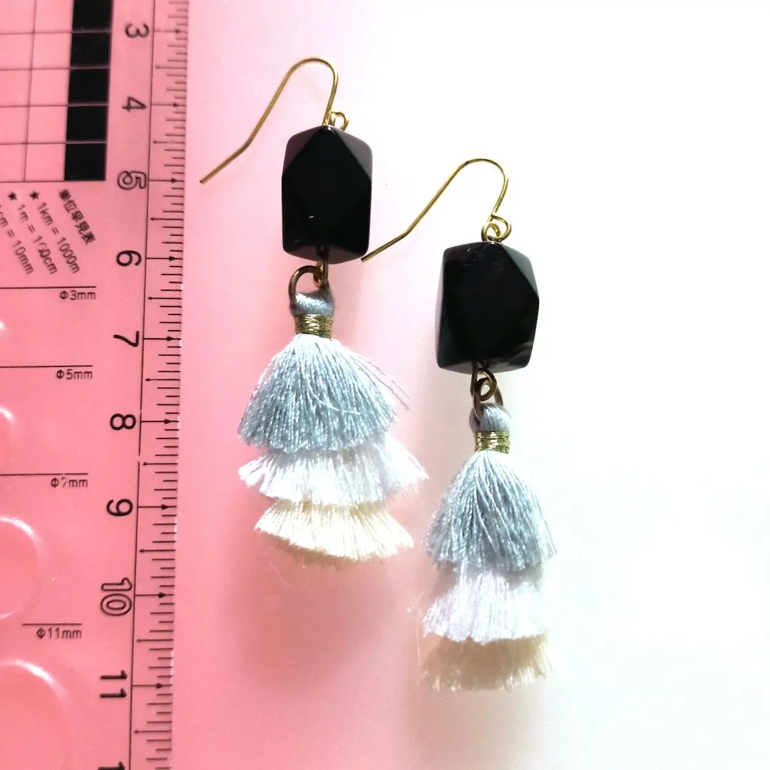 Thumbnail of Natural Stone Handmade Earrings Black Gray White Tassel Gold
