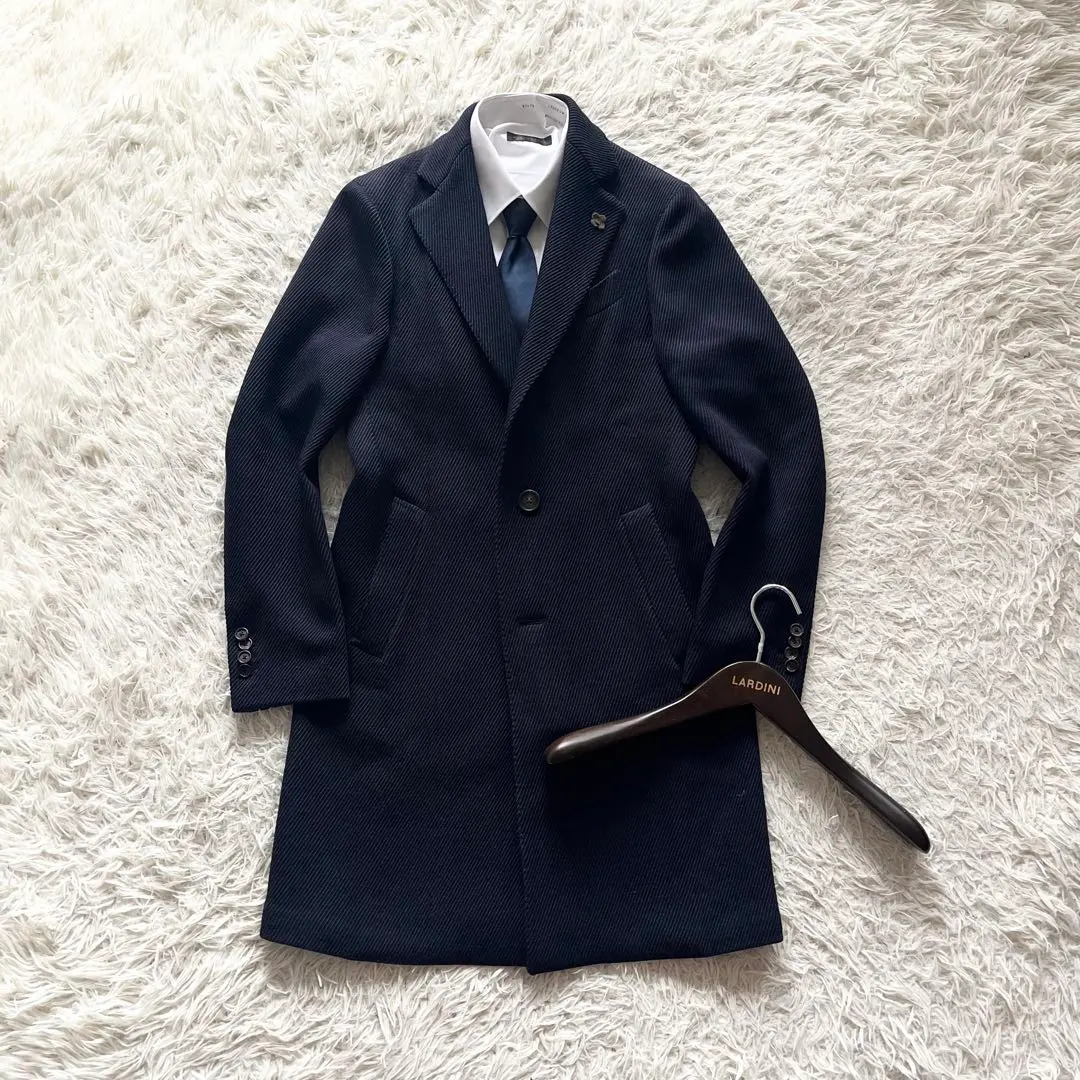 Thumbnail of Excellent Condition LARDINI Navy Wool Chester Coat with Boutonniere 44