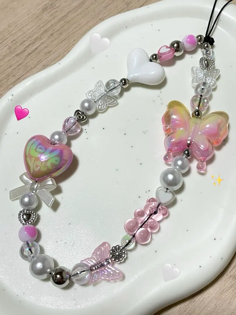 Thumbnail of Beaded strap, smartphone strap, handmade, butterfly, heart, pink, white