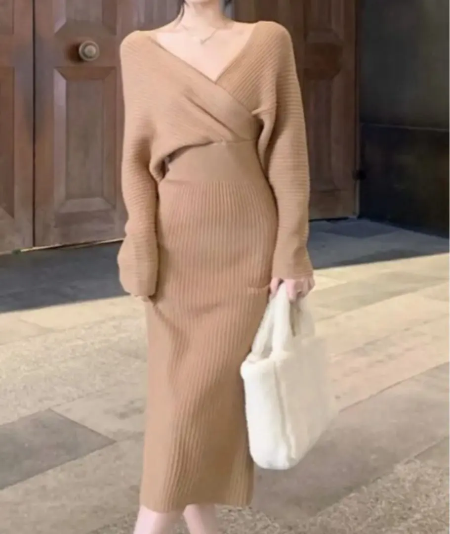 Thumbnail of Final Price Reduction! Beige Ribbed Crossover Knit Dress