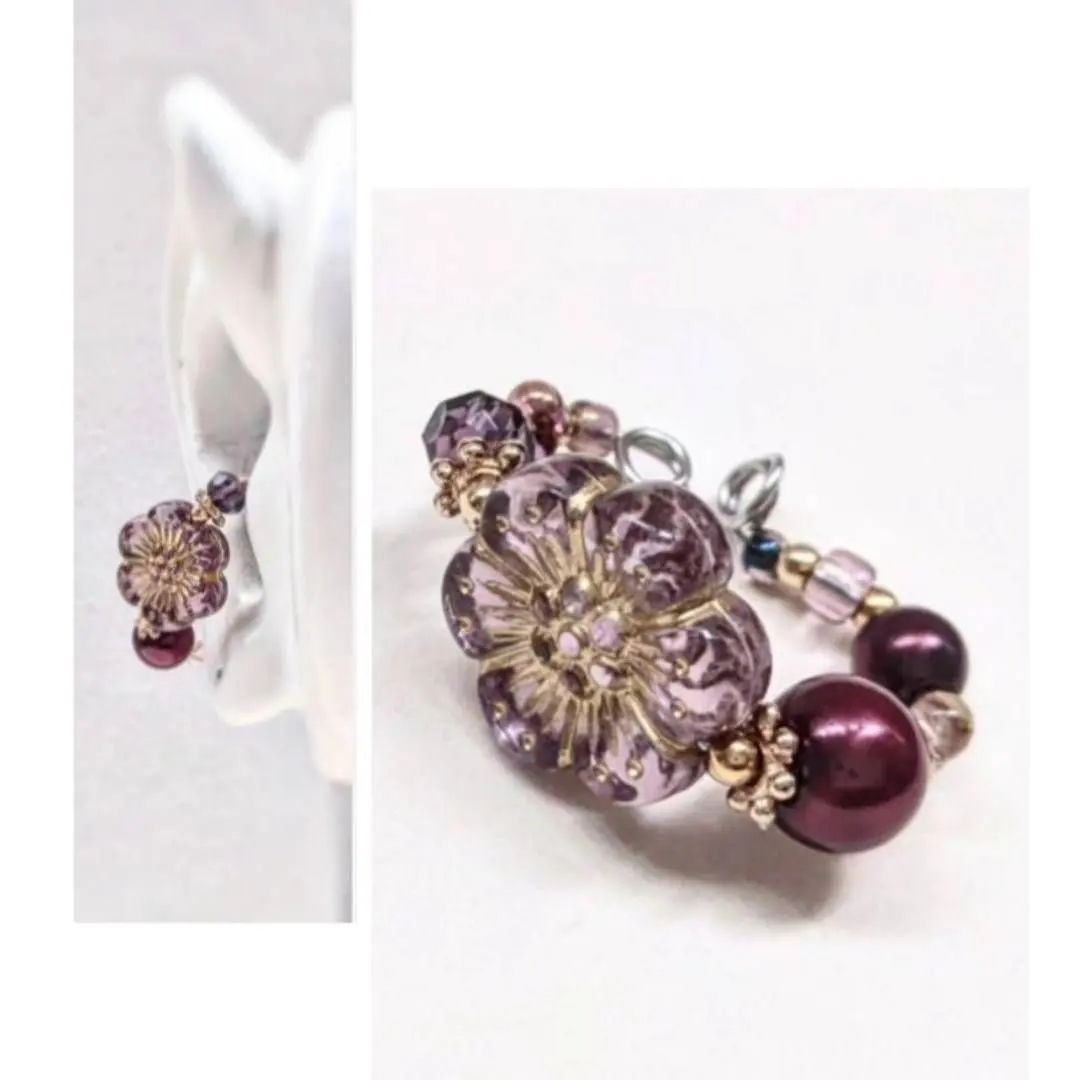Thumbnail of Wine Red Pearl x Antique Purple Flower ❁ Adjustable Wire Ear Cuff