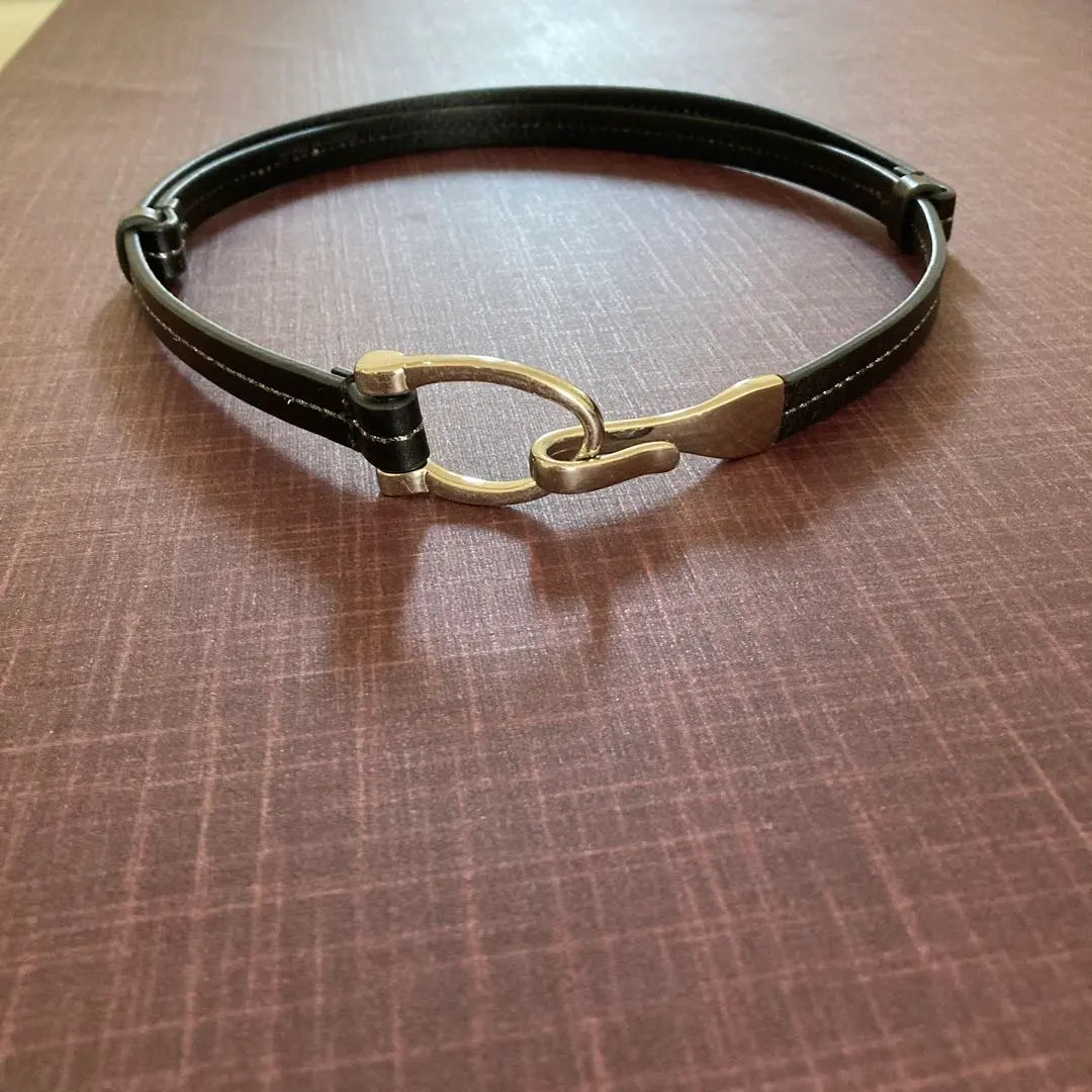 Thumbnail of Black leather belt with metal hook buckle