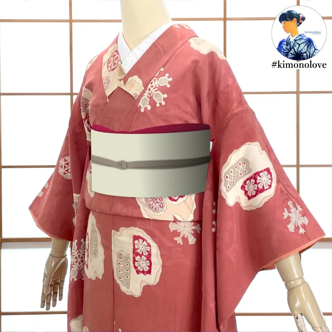 小紋 和服 正絹 金彩 雪花 深濃灰粉紅 古董 A-1646 的縮圖