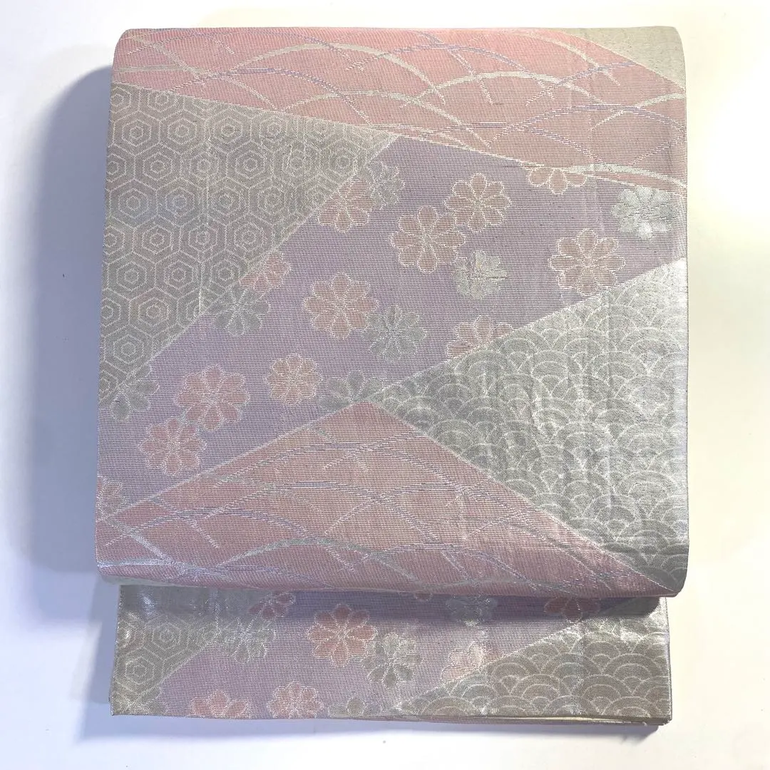 5k1556 袋帶 絹 銀色 粉紅色 紫色 花紋 和服 著物 的縮圖