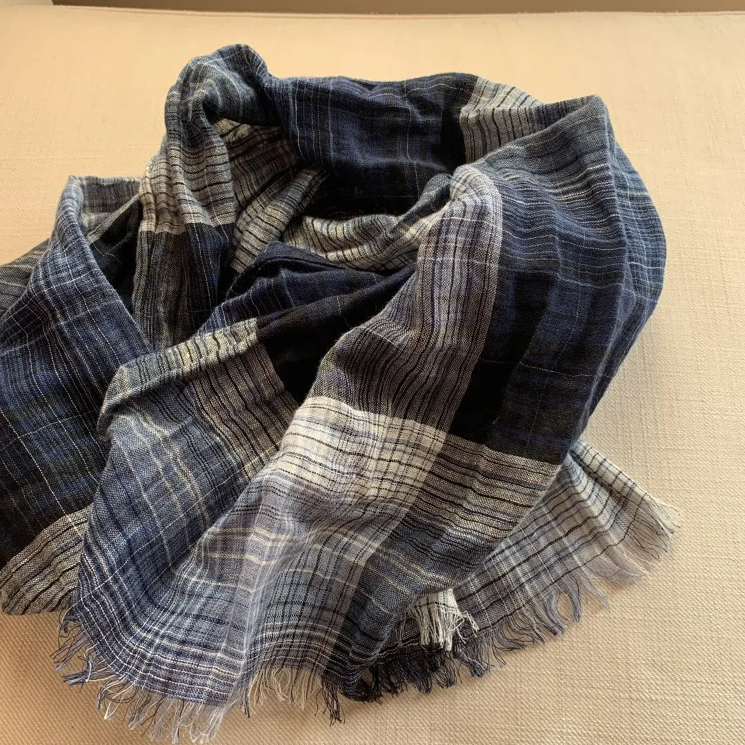 Thumbnail of Cotton blue check stole, wrinkle finish, 100% cotton