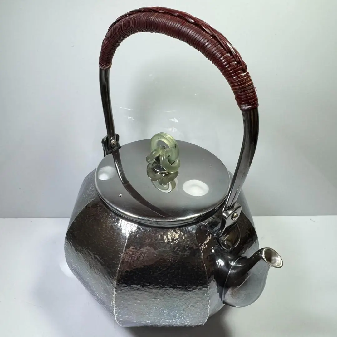 純銀製 槌目岩肌 八面取湯沸 三連環貴石摘 鳴付 煎茶 純銀保證 銀瓶 茶壺 的縮圖