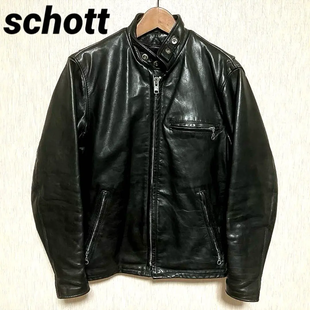Thumbnail of Schott 141 Stand-Collar Black Leather Single Riders Jacket with Boa Liner, Size 34