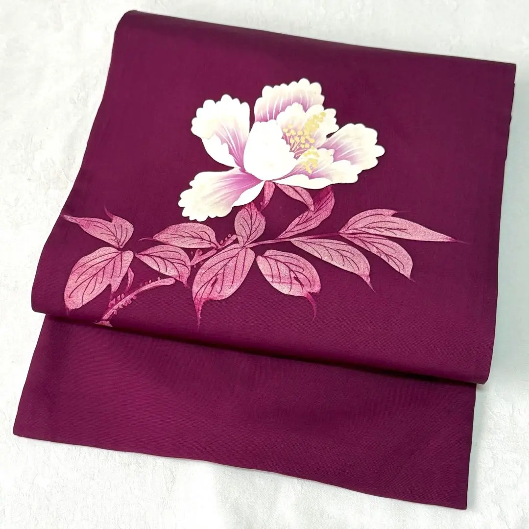 Thumbnail of Nagoya Obi: Shioze, Red-Purple, Pointed Pattern, Silk, White Floral Design, Elegant, Stylish