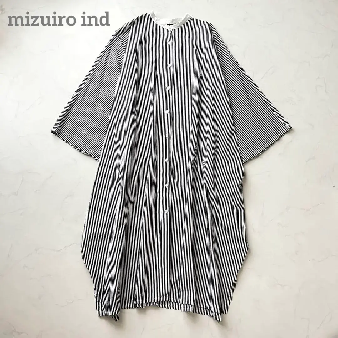 Thumbnail of Mizuiro Ind. Stripe Band Collar Cocoon Dress, Dolman Sleeves, Relaxed Fit
