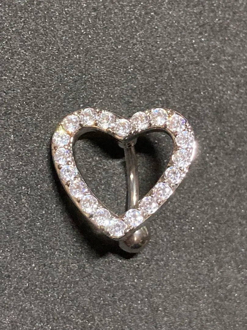 14G 銀色 心形 倒置 肚臍環 身體環 萊茵石 的縮圖