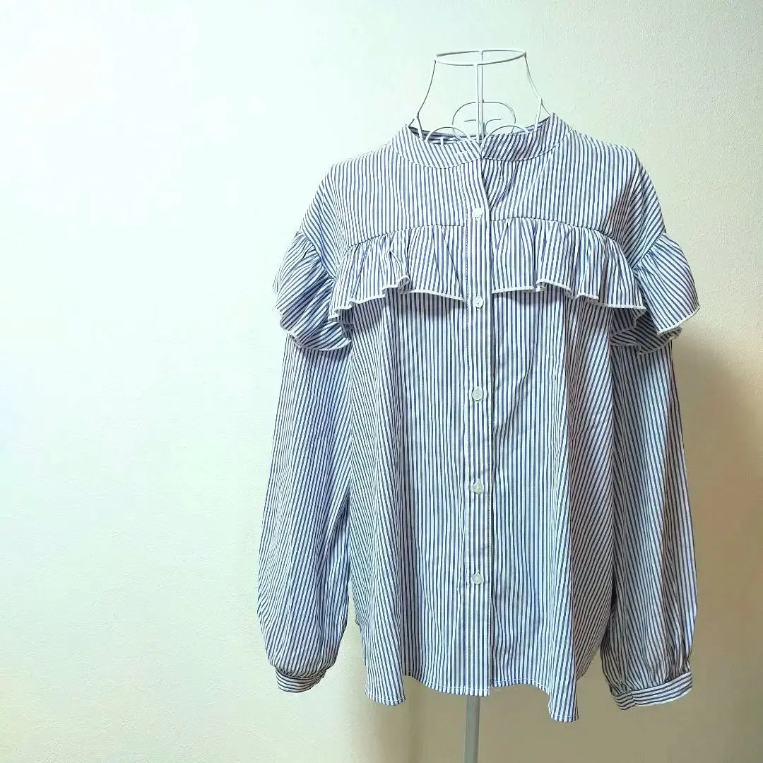 【美品】條紋 荷葉邊 長袖襯衫 L 碼 的縮圖