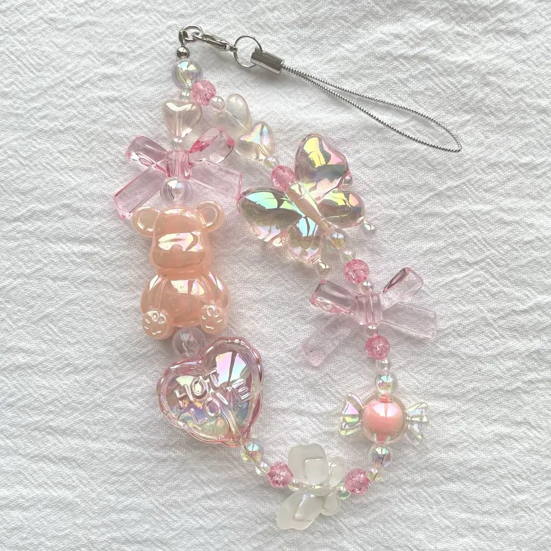 Thumbnail of Beaded strap, smartphone strap, handmade, pink, clear, bear, ribbon
