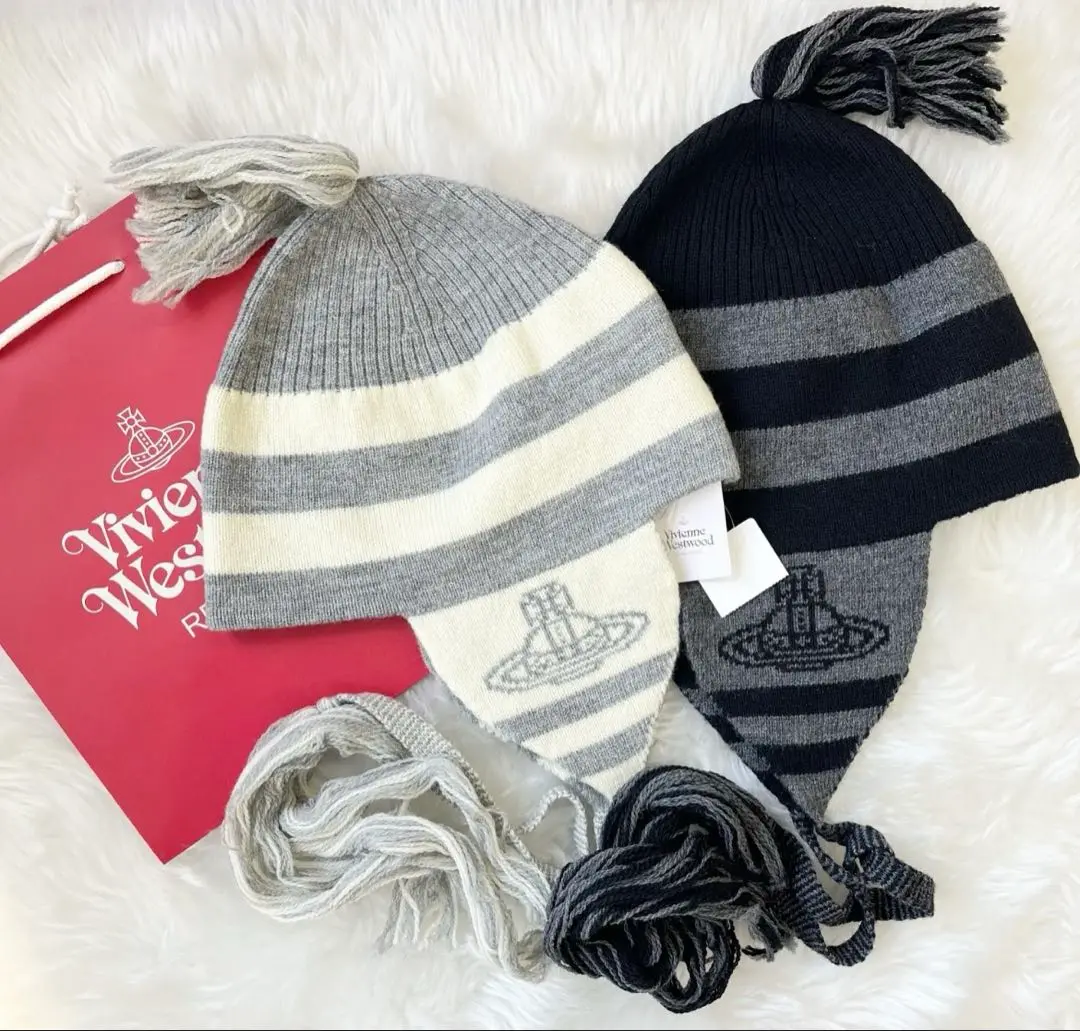 Vivienne Westwood ニット帽 グレー・アイボリー コットンニットビーニー(オフホワイト系)（レディース