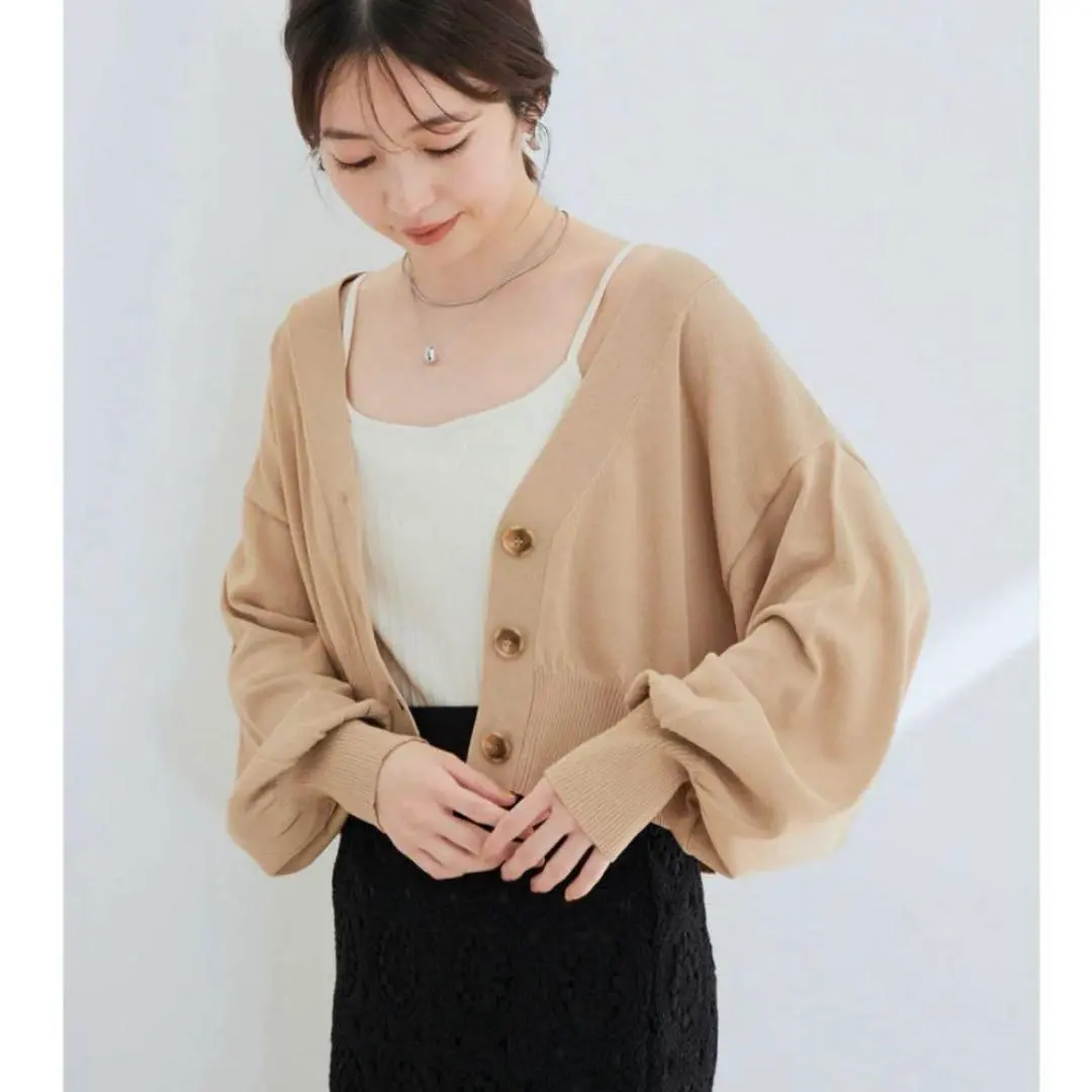 Thumbnail of ViS Cropped V-Neck Cardigan, Volume Sleeves, Short, Button-Down