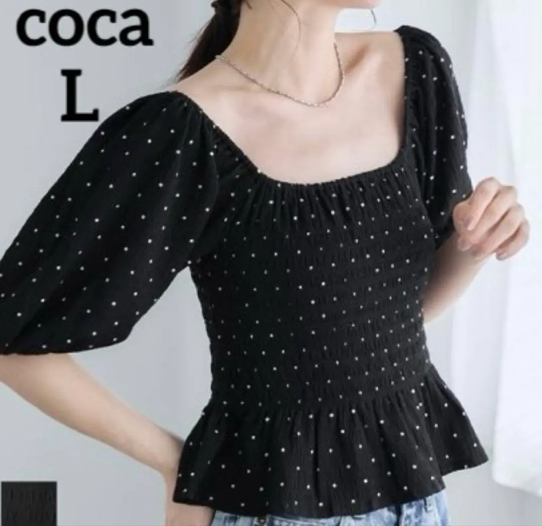 Thumbnail of coca Shirred Off-Shoulder Blouse - Black Dot Pattern, Size L, Slimming