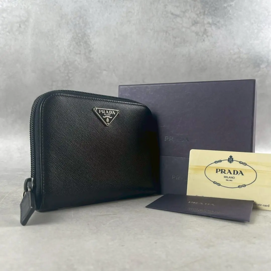 未使用級✨Prada 兩折錢包 Saffiano皮革 拉鍊黑色 的縮圖