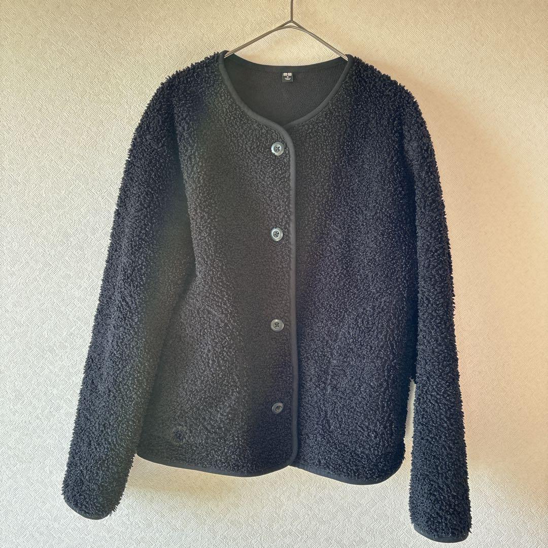 【優衣庫】刷毛毛圓領開襟外套 M 黑色 中古 的縮圖