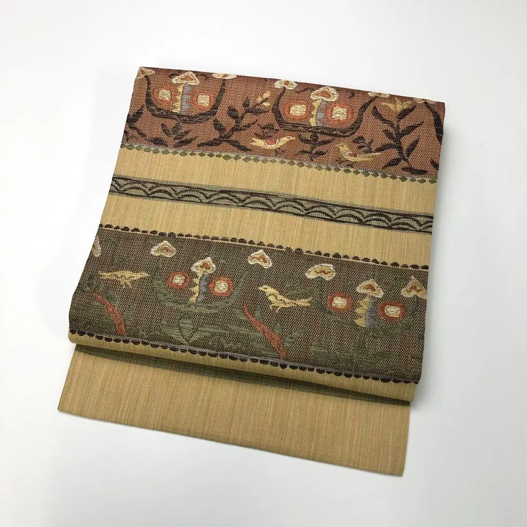 Thumbnail of Nagoya obi with horizontal stripes and floral pattern, birds KO-1752