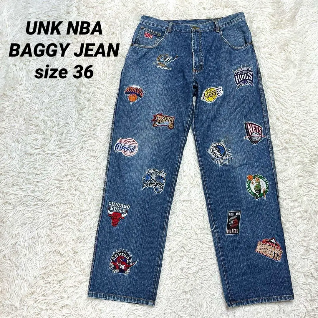 【美品】UNK NBA バスケチームロゴ　全面刺繍ロゴ　バギーパンツ　36 美品】UNK NBA バスケチームロゴ 全面刺繍ロゴ バギーパンツ 36