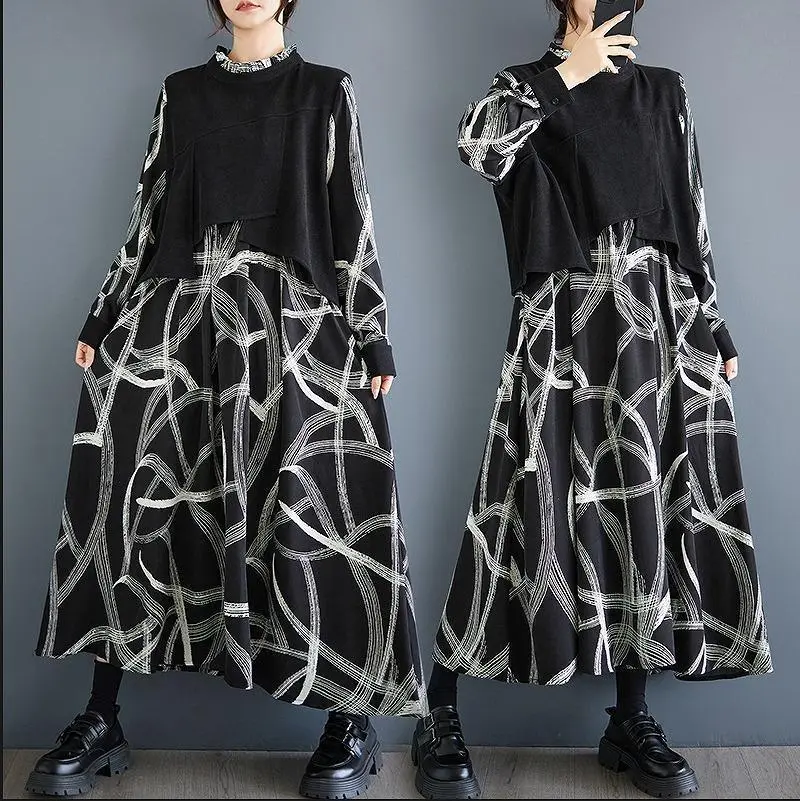 Thumbnail of New, plus size, loose-fitting long dress, autumn/winter, black, printed, fashionable f