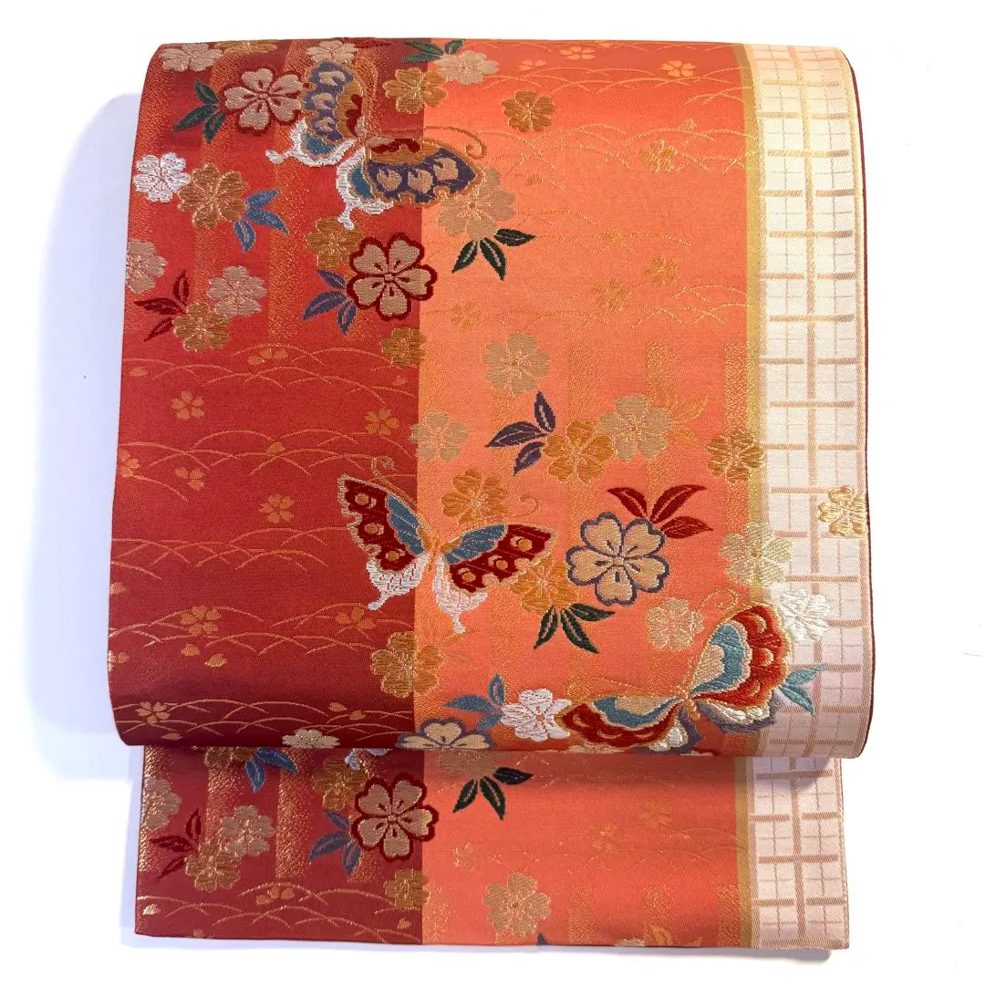 Thumbnail of 5k2196 Obi, silk, Karaori weave, butterflies, pink, red, gold, silver, white, floral pattern, Japanese clothing, kimono