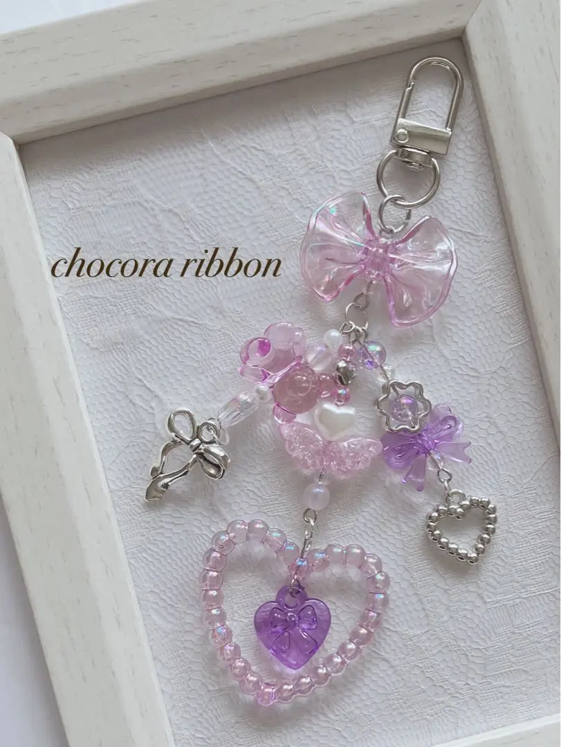 【306】珠子手機掛繩 紫色 心形 透明緞帶 天使翅膀 小熊 的縮圖