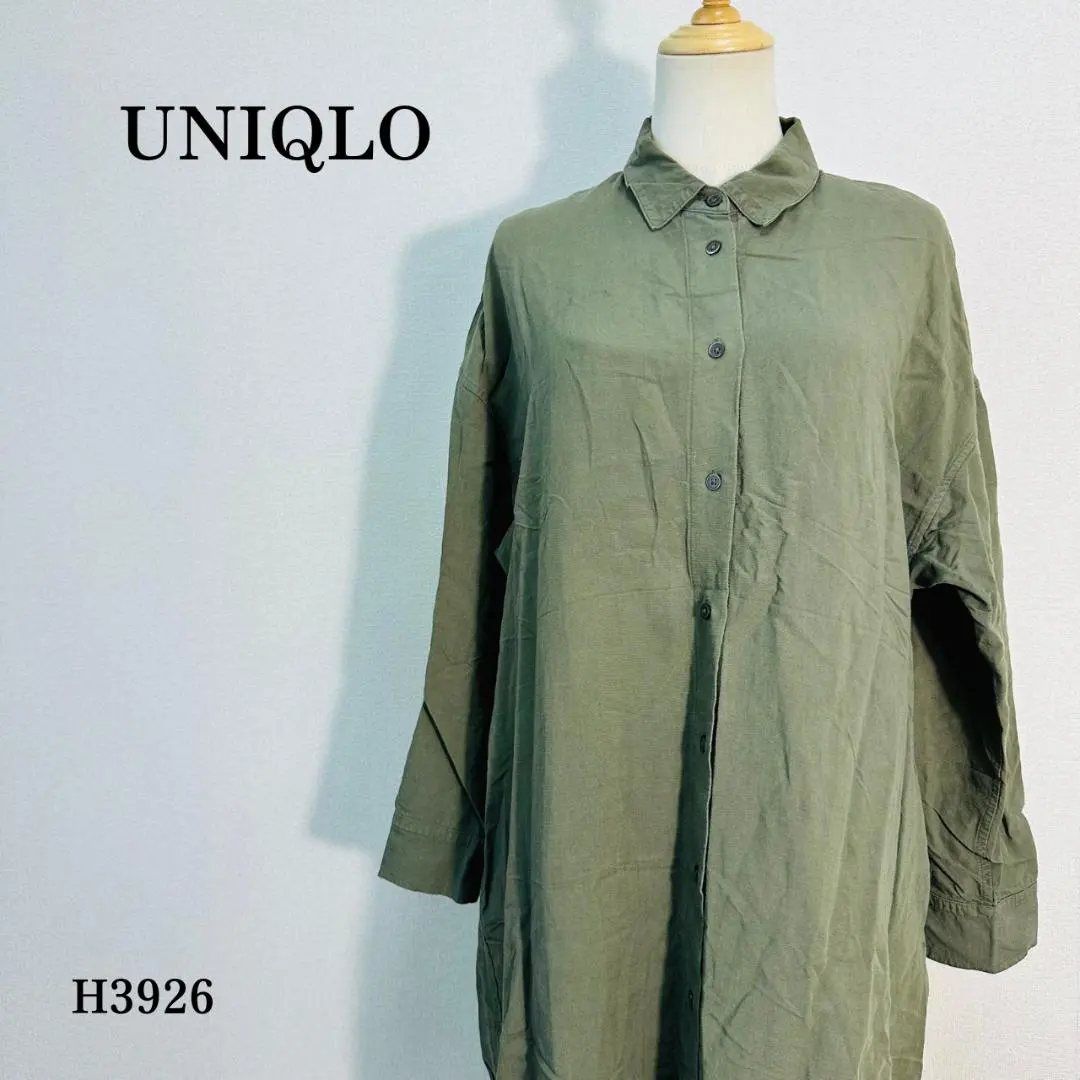 優衣庫 麻混紡襯衫洋裝 長袖 前排扣 L 橄欖綠 的縮圖
