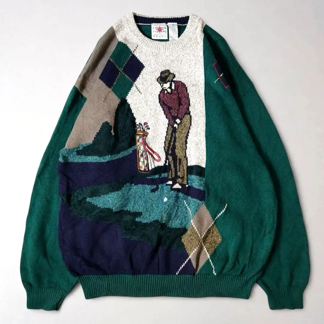 Thumbnail of Vintage Knit Jacquard Weave Big Size Landscape Painting Golf Rare Green系