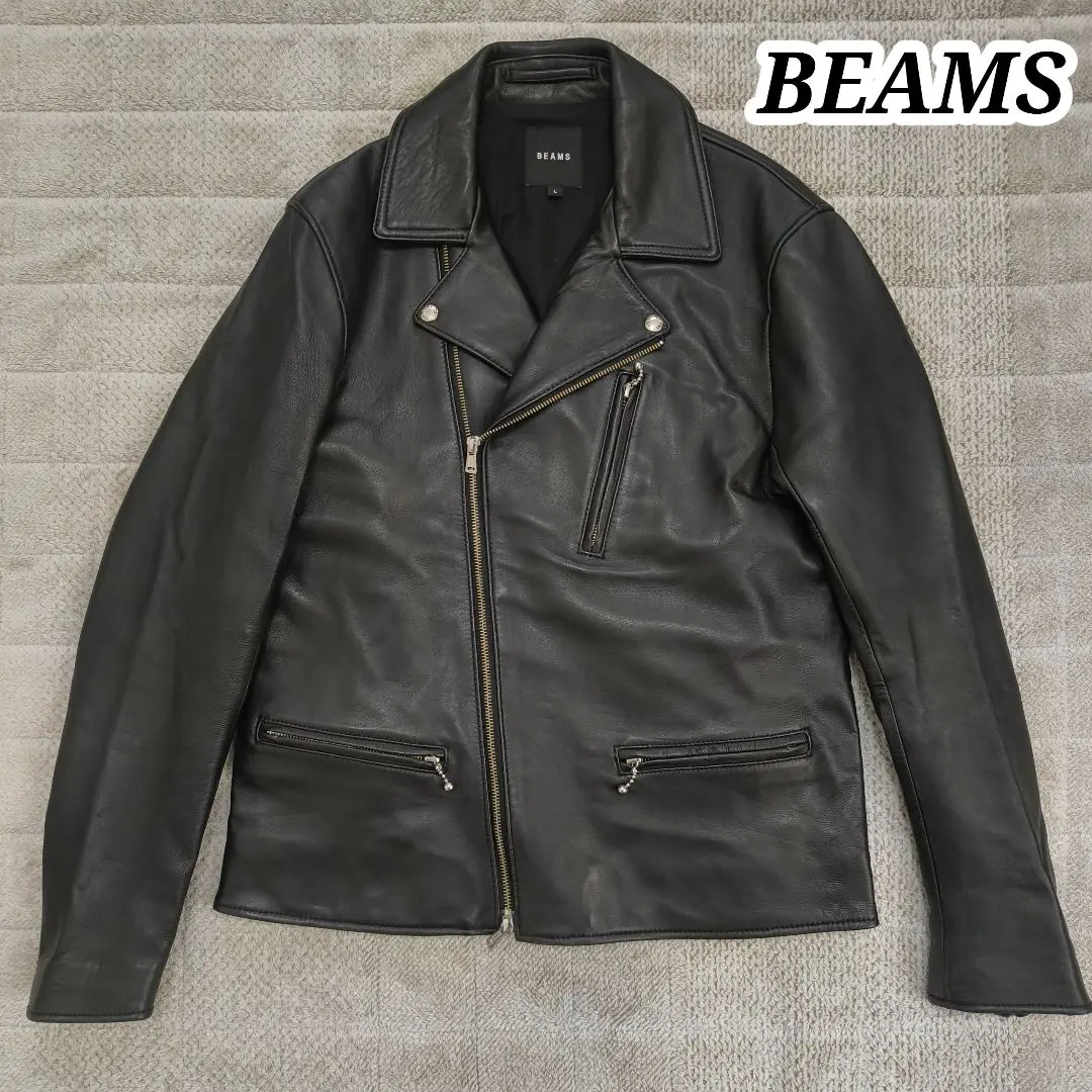 Thumbnail of BEAMS Black Double Riders Jacket Lamb Leather Sheepskin L