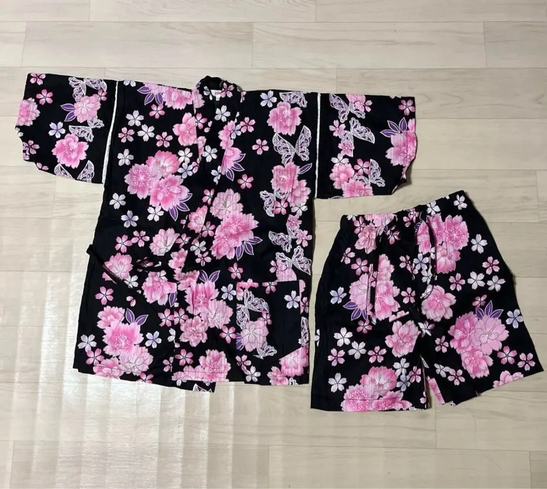 Thumbnail of Jinbei, black with pink floral pattern, top and shorts. Priuri, flowers, butterflies, cherry blossoms.
