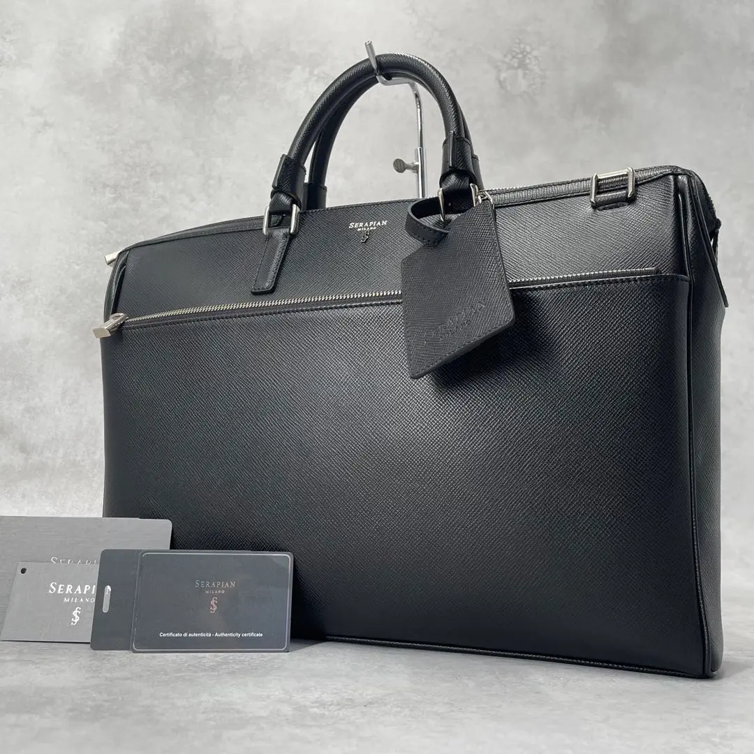 SERAPIAN セラピアン　ブリーフケース　ビジネスバッグ　レザー　ネイビー Double gusset briefcase evoluzione leather navy blue