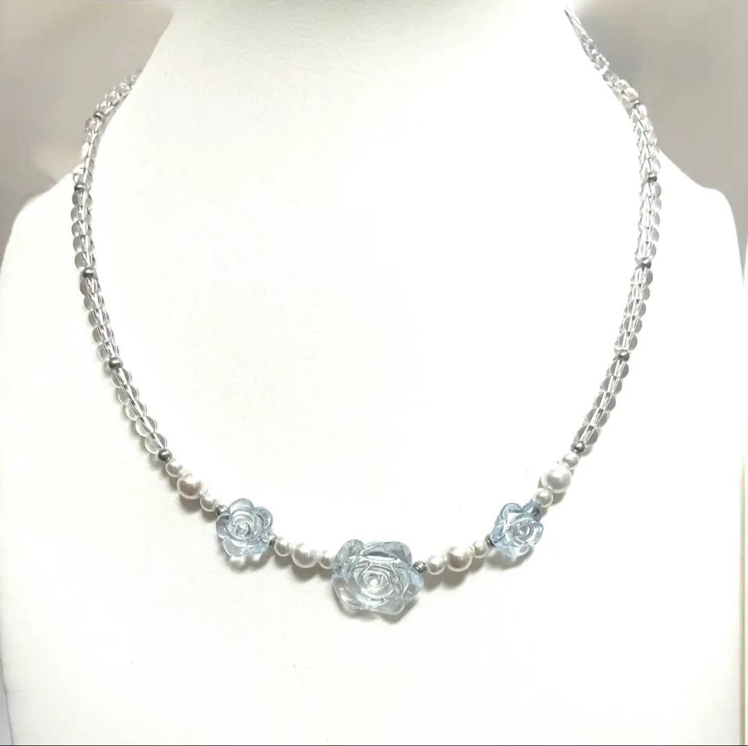 Thumbnail of Transparent Rose: Resin Rose x Crystal x Pearl-like Necklace 40cm