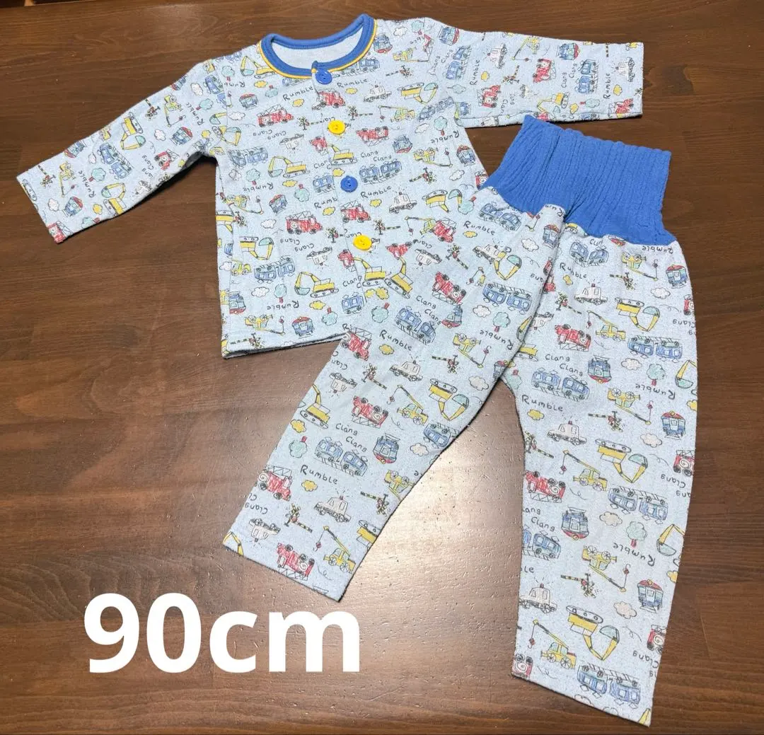 嬰兒 汽車 火車 交通工具 藍色 長袖睡衣 附護肚 90cm 的縮圖