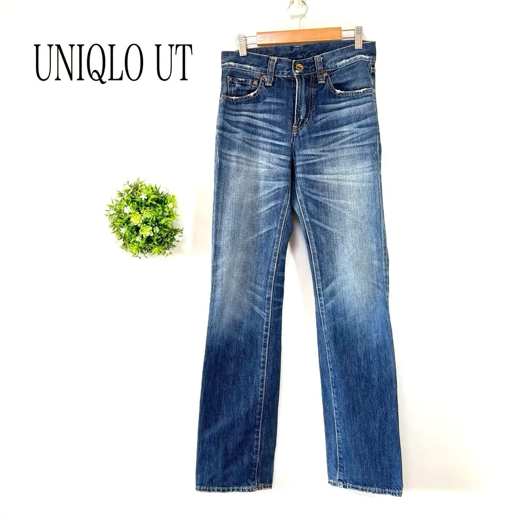 優衣庫【W68】直筒牛仔褲 深藍色 褪色加工 破損 的縮圖