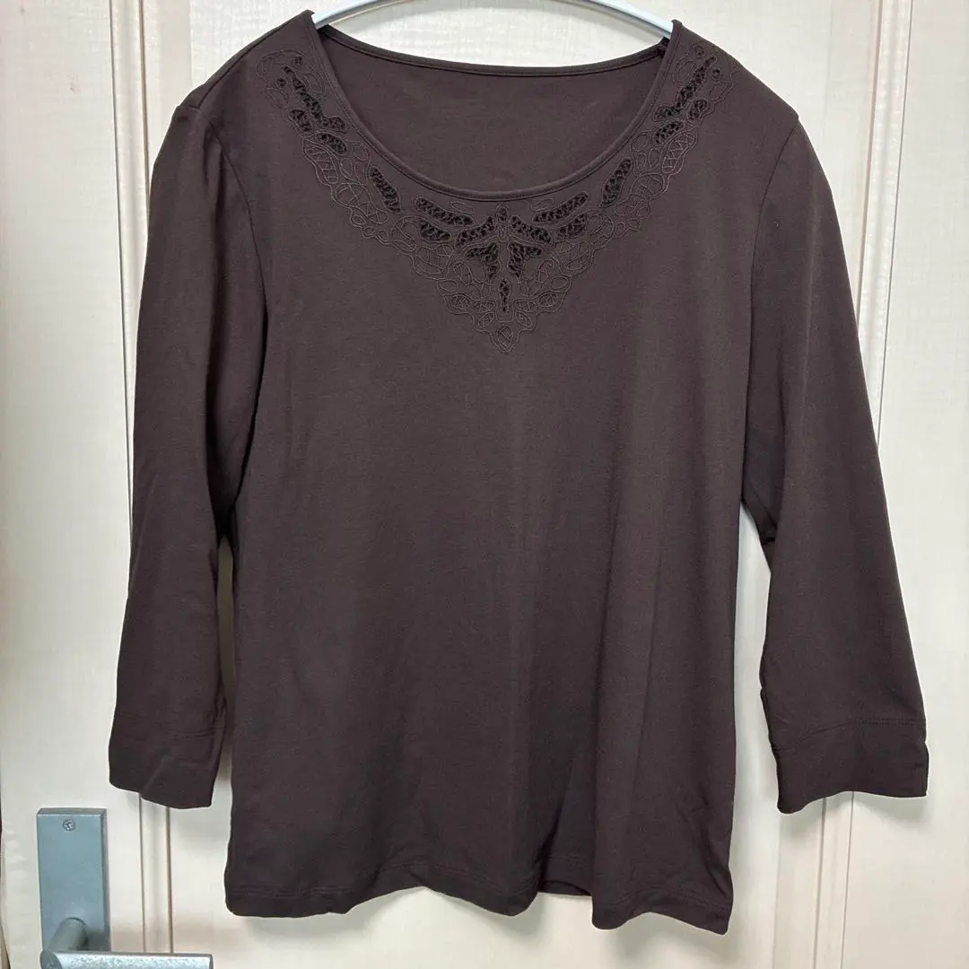 Thumbnail of CHRISTIAN AUJARD Brown Short Sleeve Cut and Sewn Top with Lace Decoration