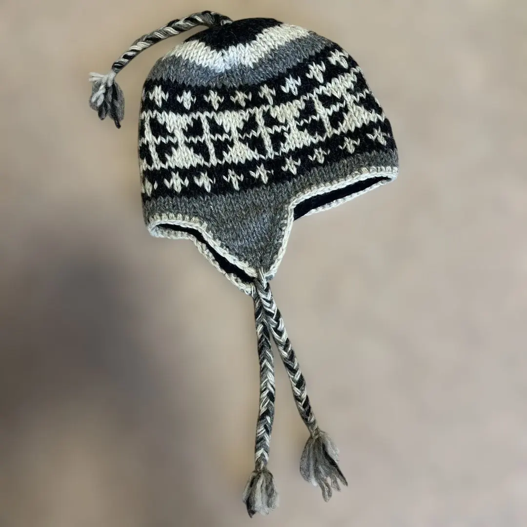 Thumbnail of Knit hat with ear flaps, gray and black