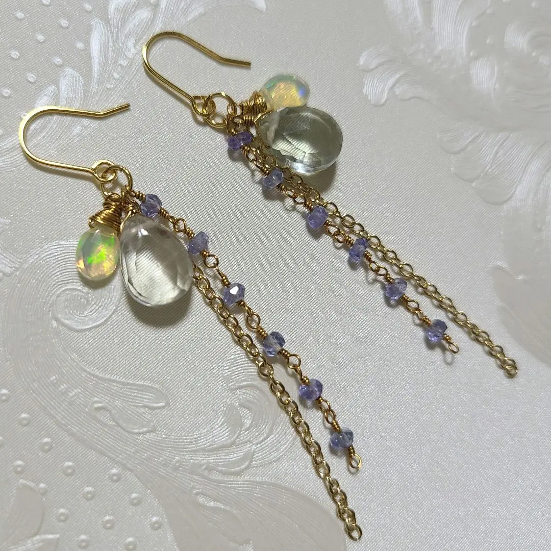 Thumbnail of Green Amethyst, Tanzanite, Ethiopian Opal Earrings, Natural Stone