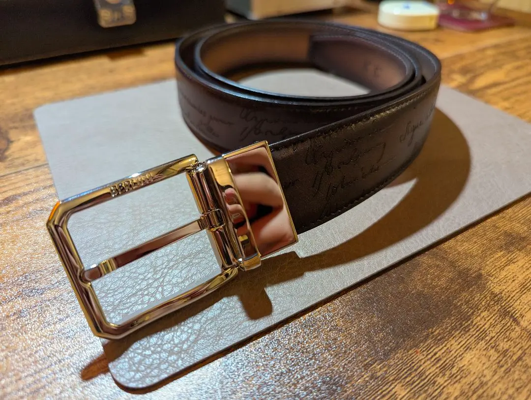 Berluti リバーシブル　ブラウンレザー ベルト シルバーバックル B ボリュート スクリットレザー 35MM リバーシブルベルト