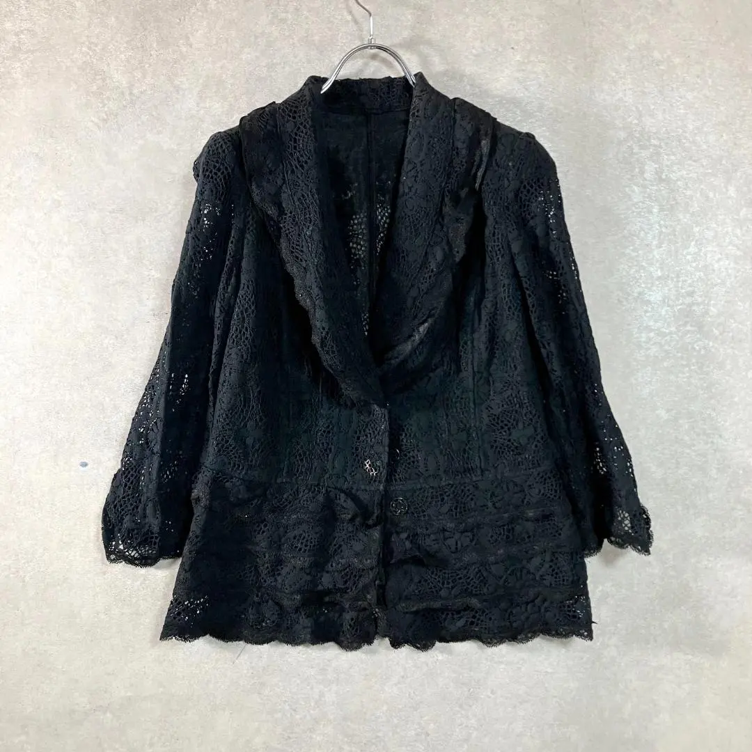 Thumbnail of Lace Cardigan, Floral Embroidery, Navy, Jacket, Shawl Collar, Outerwear, Shoulder Pads