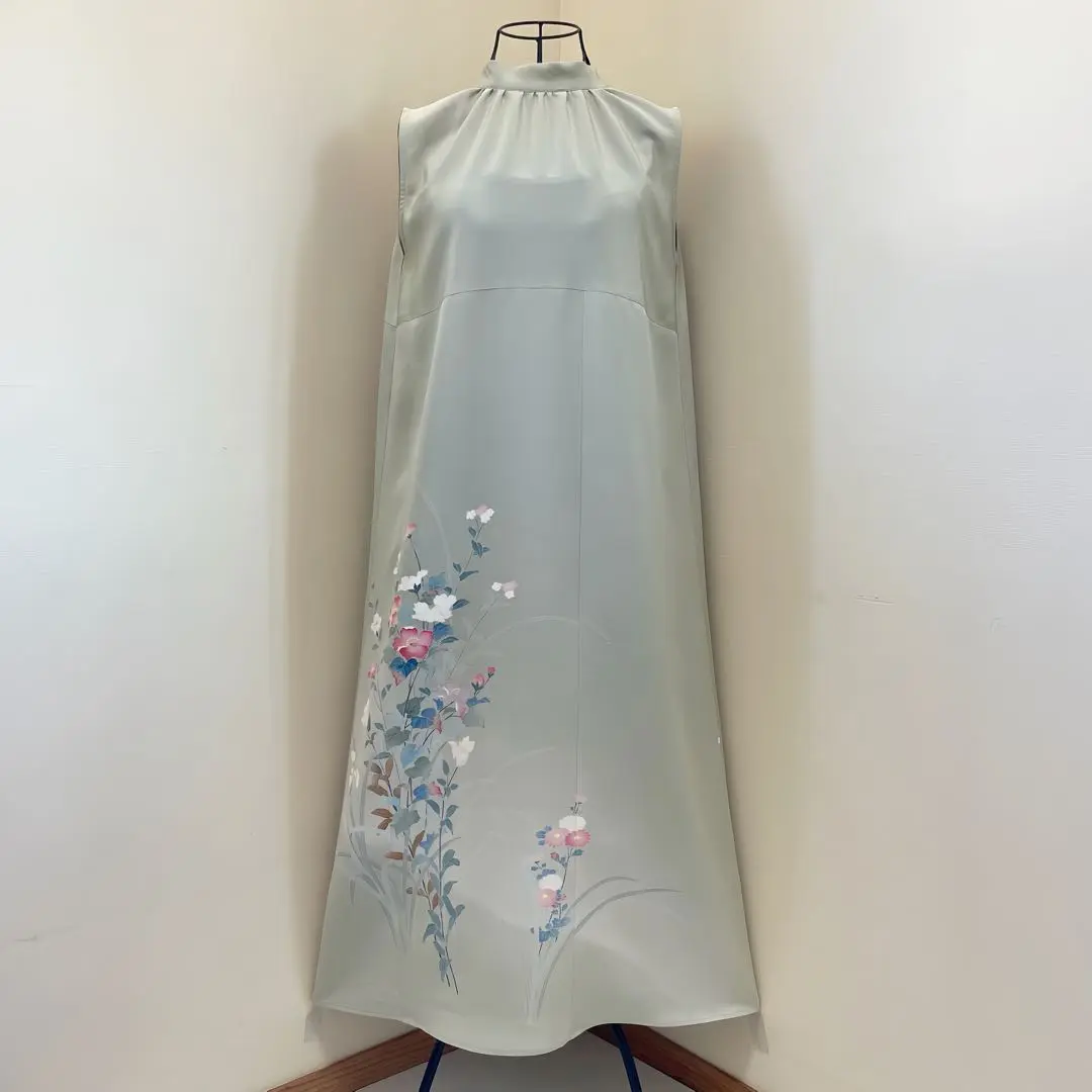 ロング留袖ワンピース　3L/141 加賀友禅　作家物/手描　未使用品で製作　Y 着物リメイク ワンピース 黒留袖 ドレス ロング Aライン 作家物