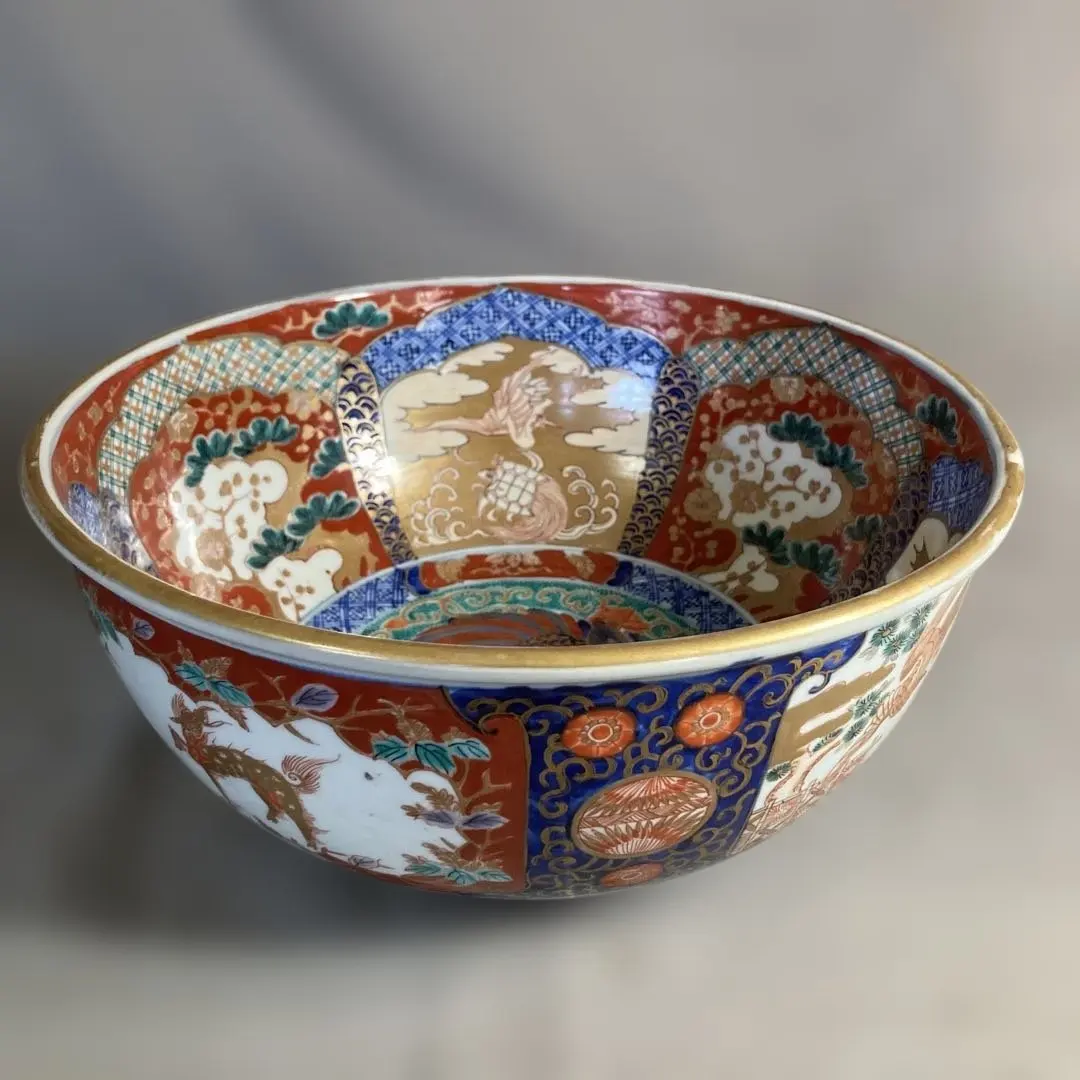 【古伊万里文】古伊万里的傳統 古伊万里文 極錦三方割鶴龜松梅鳳凰見込文 大深鉢 的縮圖