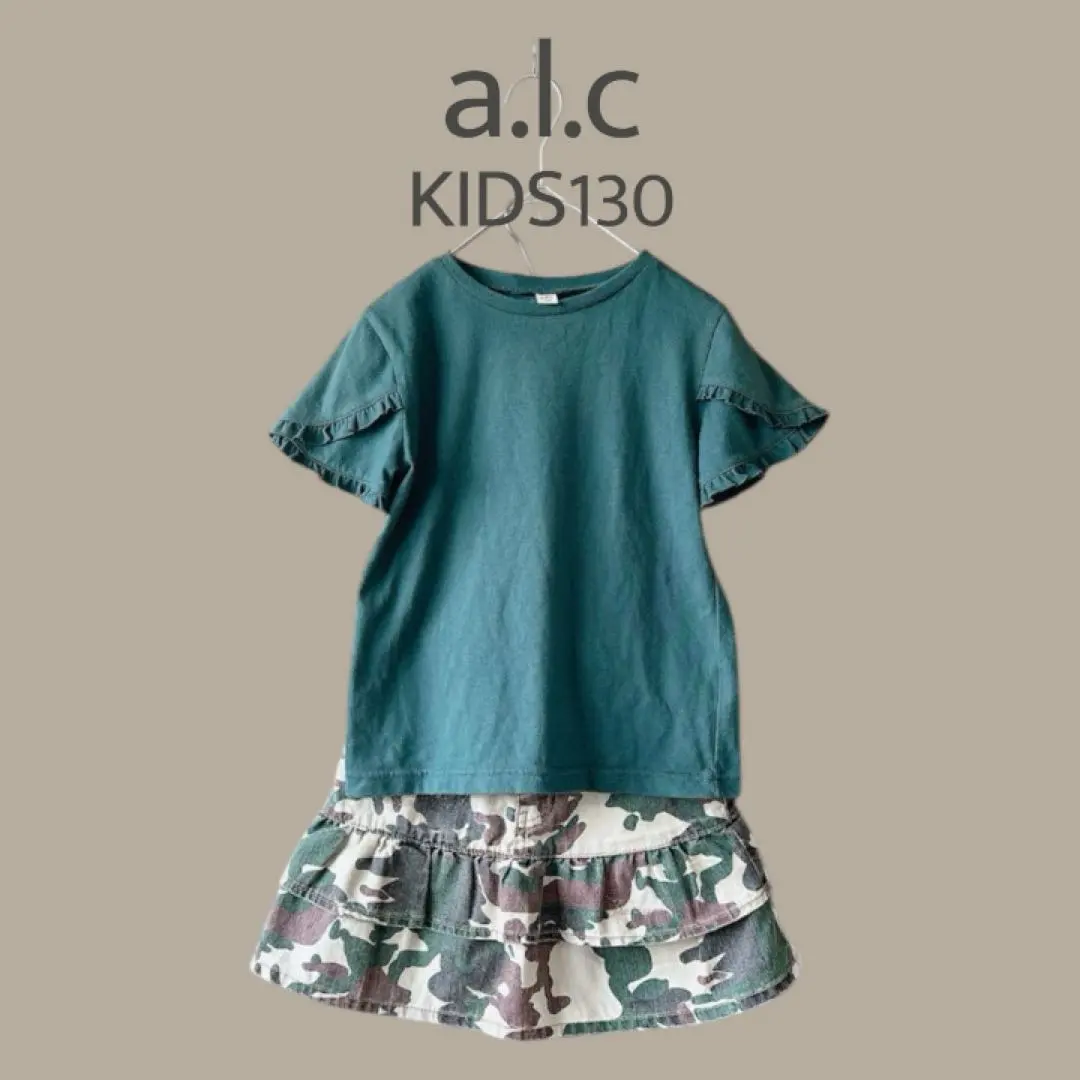 【a.l.c】KIDS130 綠色 迷彩圖案 針織衫 荷葉邊裙子 2件套 的縮圖