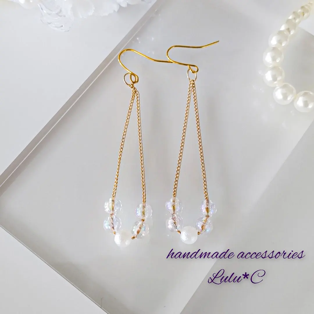Thumbnail of Cotton Pearl Glass Long Dangle Earrings / Earring for Sensitive Ears