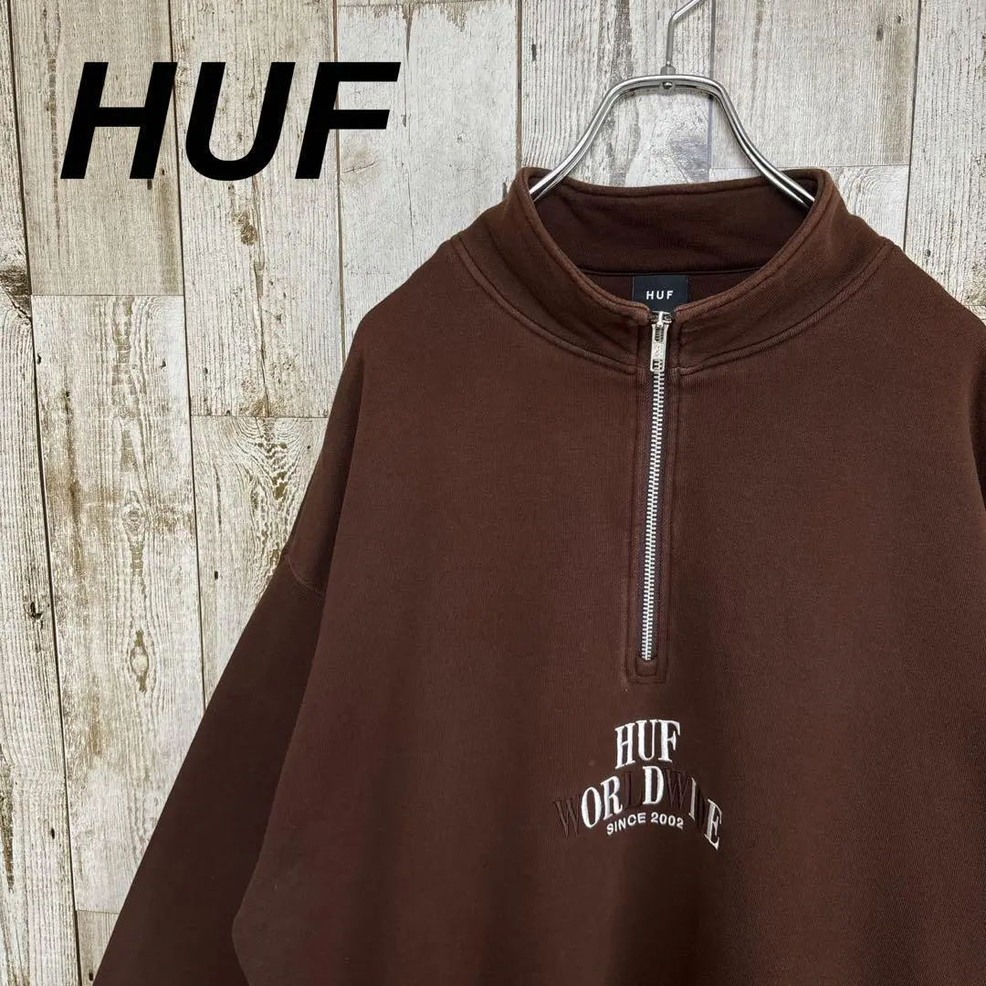 【即完売品！】　HUF ハーフジップ　スウェット　刺繍ロゴ　ブラウン　XL 2025年最新】Huf ハーフジップ ブラウンの人気アイテム - メルカリ