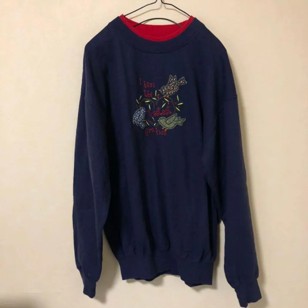 Thumbnail of Sweatshirt Trainer Double Collar Fleece Lined Long Sleeve Embroidered Bird Floral Pattern Dot Red Navy