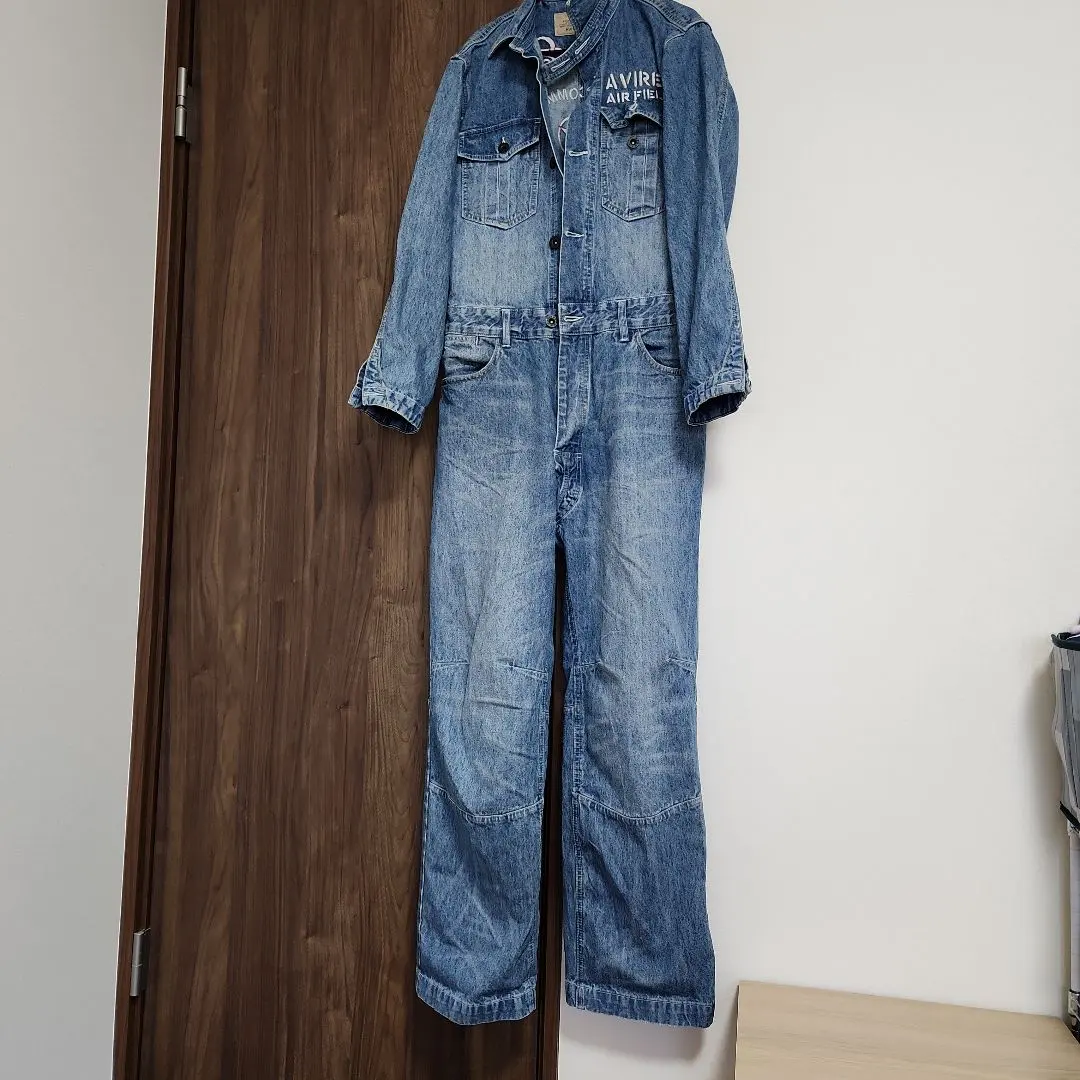 アヴィレックス　ツナギ オーバーオール デニム 刺繍 ロゴ M メンズ　長袖 AVIREX】【つなぎ】アヴィレックス『長袖デニムオールインワン