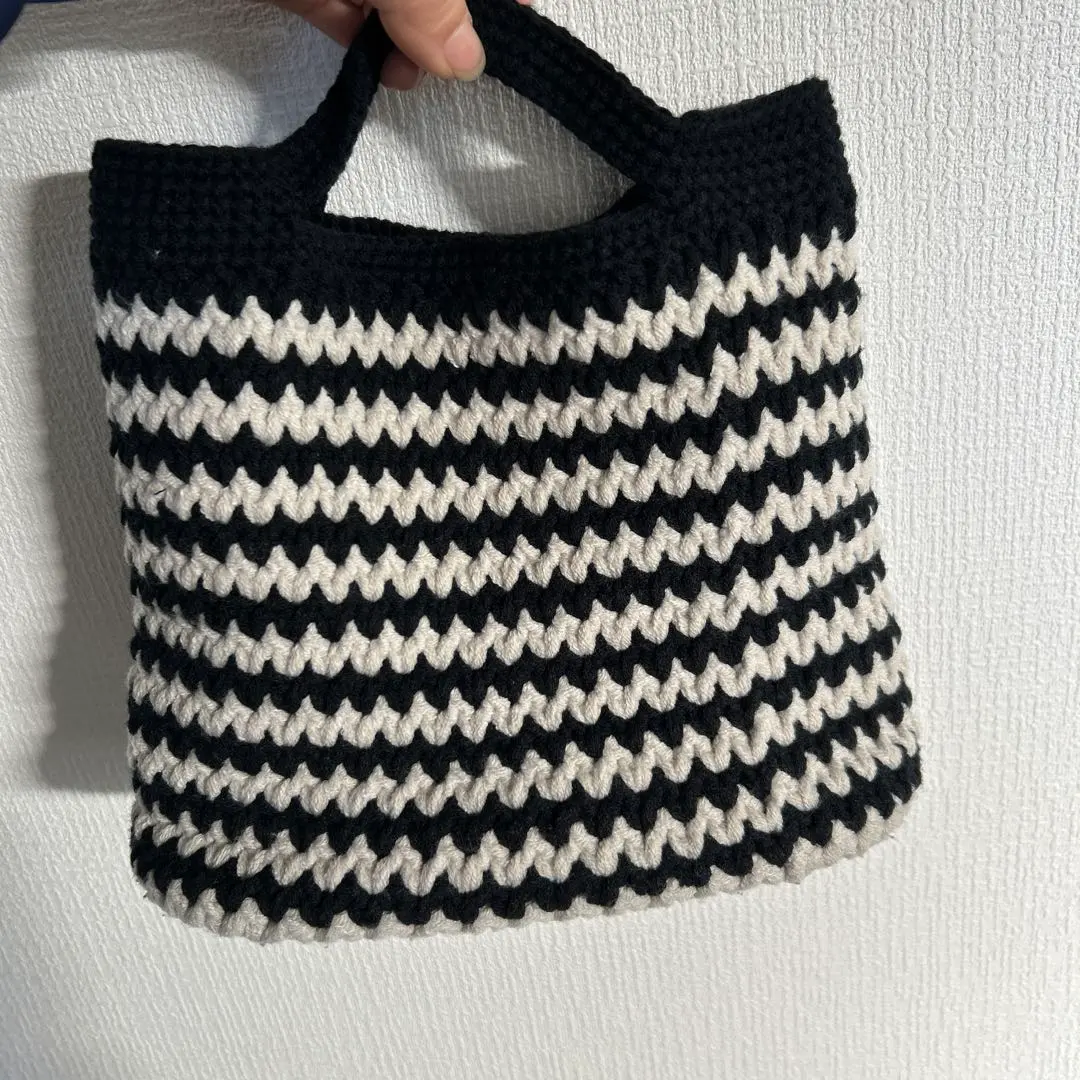 Thumbnail of Mother's Day Striped Knit Bag Black and Off-White Handmade Off-White Tote Bag Cute