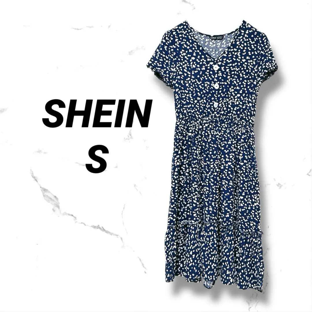 Thumbnail of SHEIN Navy Floral Short Sleeve Dress S Casual Vintage Girl