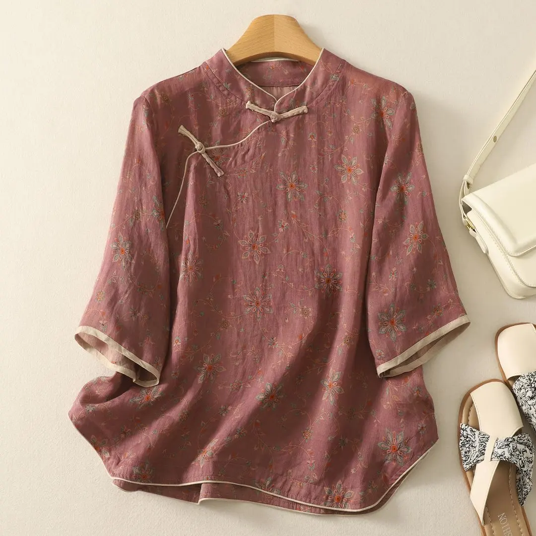 Thumbnail of Retro Design Stand Collar Printed Blouse, Loose, Elegant