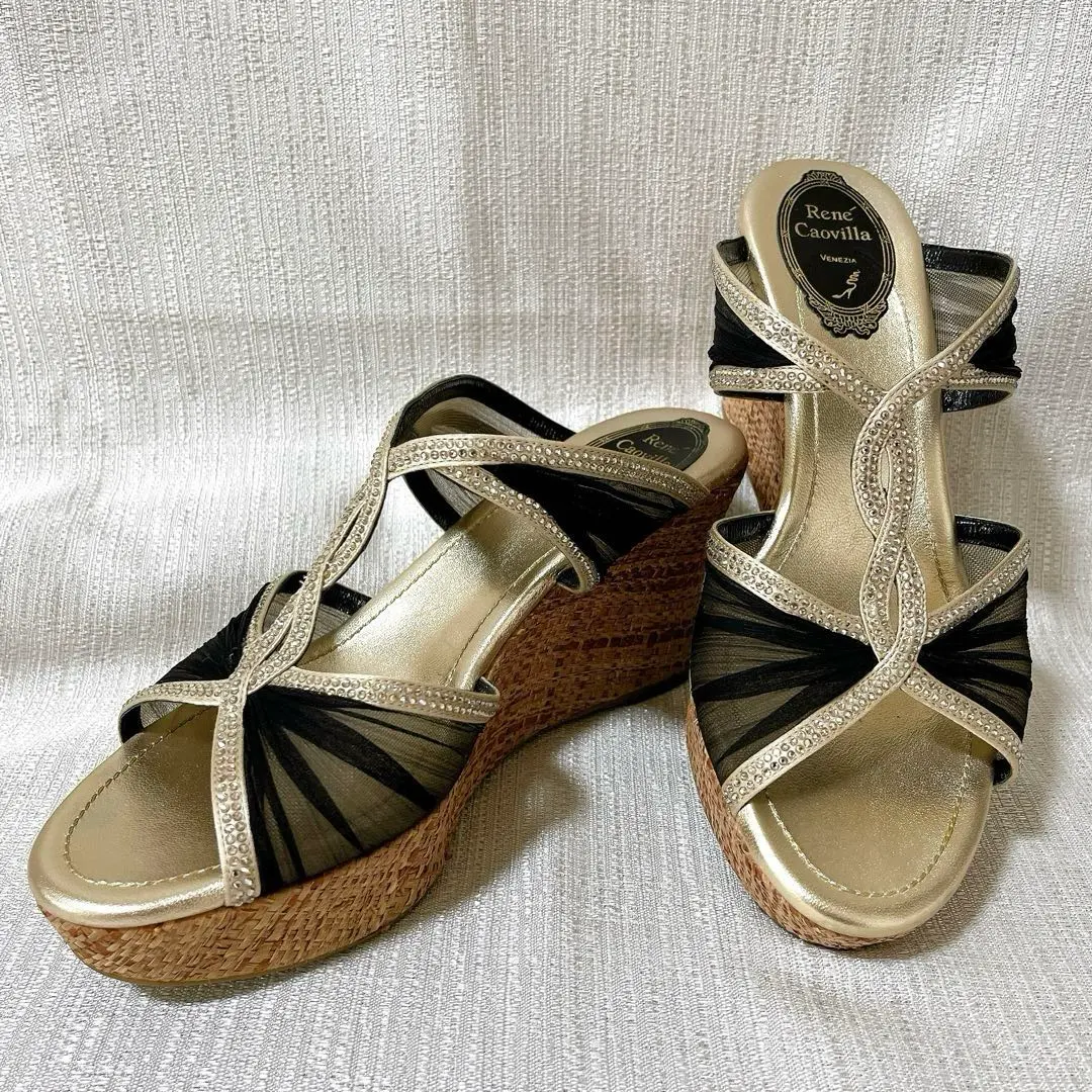 新品未使用品　レネカオヴィラ　パールゴールド　サンダル 37 RENE CAOVILLA レネカオヴィラ TROPICAL JUICE SATIN